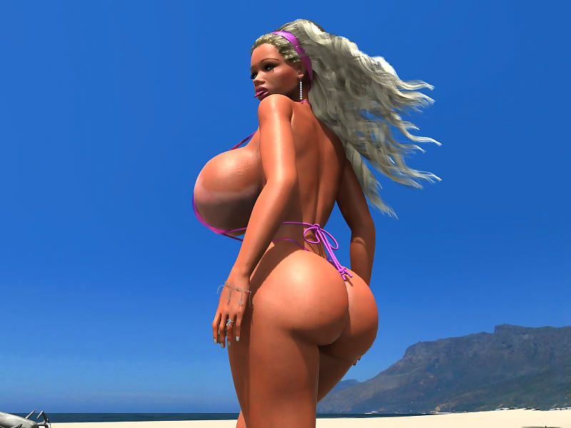 Rubia 3d Babe en Bikini parpadea su masiva Tetas en el público Playa Parte 438