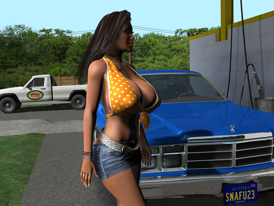 Sıcak 3d Esmer ile ekstra büyük göğüsleri poz çıplak Üzerinde bir Araba hood PART 548